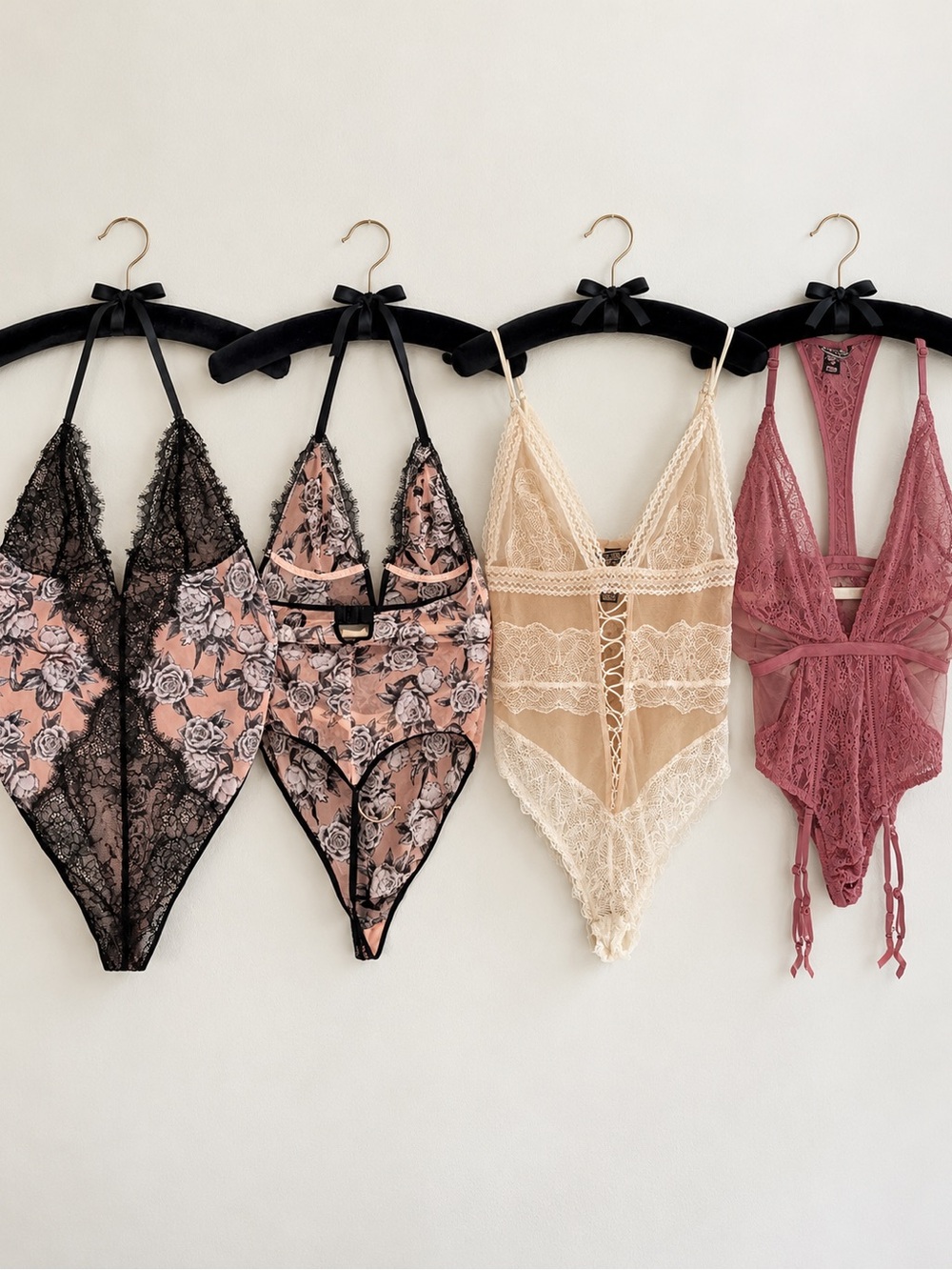 Victoria's Secret Lace & Floral Bodysuit Set - Pink, Cream, Black, Mauve